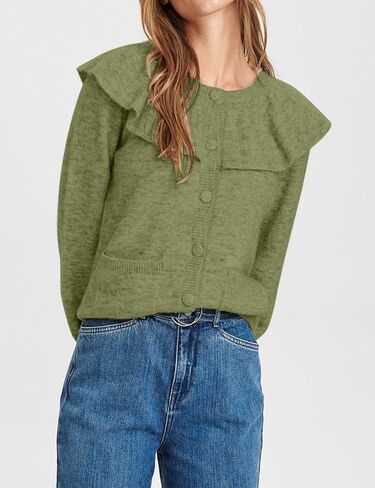 Women Ruffle Collar Button Down Cardigan Sweater Open Front Long Sleeve Knit Sweater Pullovers Top with Pockets in Saudi Arabia