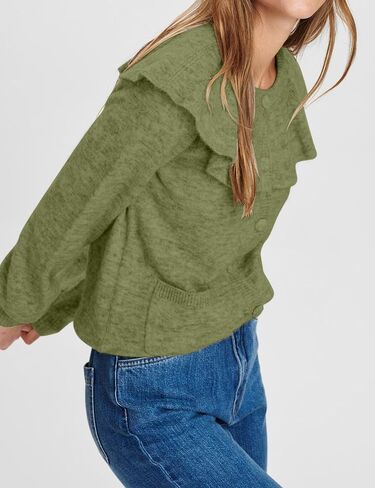 Women Ruffle Collar Button Down Cardigan Sweater Open Front Long Sleeve Knit Sweater Pullovers Top with Pockets in Saudi Arabia