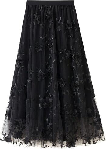 Women's Tulle Skirt Elastic Waist 3D Floral Print Tulle Skirts for Women in Saudi Arabia