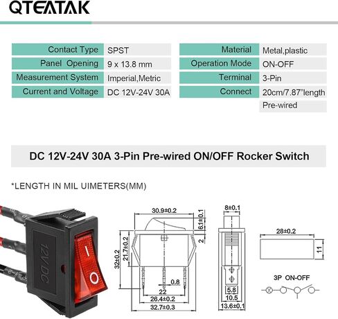 QTEATAK KCD3 SPST On/Off 3-Pin 2-Position Snap DC 12V-24V 30A Red LED Boat Rocker Toggle Switch - 5Pack (Only for DC12-24V) in Saudi Arabia