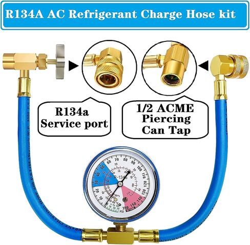 R134A A/C Refrigerant Freon Charge Hose with Gauge Set BPV31 Bullet Piercing Tap Valve Kits R134a Can to R12/R22 Port AC 1/2 Replace Universal Retrofit Valve Kit for AC/HVAC system (Gauge A) in Kuwait