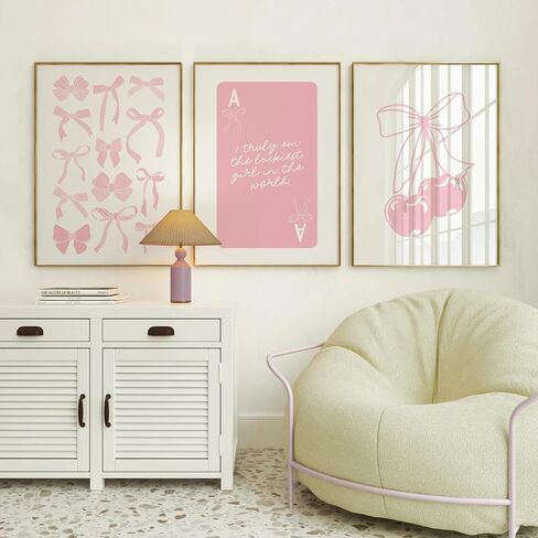 Coquette Wall Decor Pink Bow Wall Art Girl Room Canvas Posters Preppy Aesthetic Wall Decor Pictures Trendy Pink Wall Art Coquette Cherry Print for Girly Room Bedroom 16x24 Inch Unframed Set of 3 in Saudi Arabia