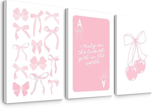 Coquette Wall Decor Pink Bow Wall Art Girl Room Canvas Posters Preppy Aesthetic Wall Decor Pictures Trendy Pink Wall Art Coquette Cherry Print for Girly Room Bedroom 16x24 Inch Unframed Set of 3 in Saudi Arabia