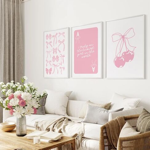 Coquette Wall Decor Pink Bow Wall Art Girl Room Canvas Posters Preppy Aesthetic Wall Decor Pictures Trendy Pink Wall Art Coquette Cherry Print for Girly Room Bedroom 16x24 Inch Unframed Set of 3 in Saudi Arabia