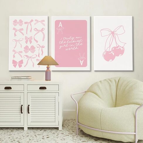 Coquette Wall Decor Pink Bow Wall Art Girl Room Canvas Posters Preppy Aesthetic Wall Decor Pictures Trendy Pink Wall Art Coquette Cherry Print for Girly Room Bedroom 16x24 Inch Unframed Set of 3 in Saudi Arabia