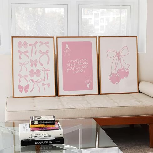 Coquette Wall Decor Pink Bow Wall Art Girl Room Canvas Posters Preppy Aesthetic Wall Decor Pictures Trendy Pink Wall Art Coquette Cherry Print for Girly Room Bedroom 16x24 Inch Unframed Set of 3 in Saudi Arabia