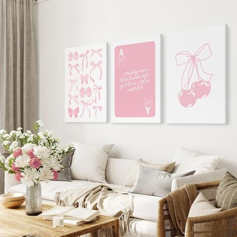 Coquette Wall Decor Pink Bow Wall Art Girl Room Canvas Posters Preppy Aesthetic Wall Decor Pictures Trendy Pink Wall Art Coquette Cherry Print for Girly Room Bedroom 16x24 Inch Unframed Set of 3 in Saudi Arabia