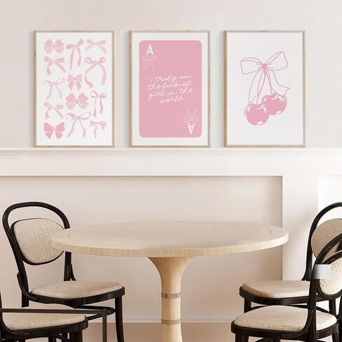 Coquette Wall Decor Pink Bow Wall Art Girl Room Canvas Posters Preppy Aesthetic Wall Decor Pictures Trendy Pink Wall Art Coquette Cherry Print for Girly Room Bedroom 16x24 Inch Unframed Set of 3 in Saudi Arabia