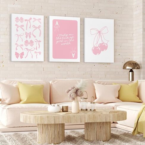 Coquette Wall Decor Pink Bow Wall Art Girl Room Canvas Posters Preppy Aesthetic Wall Decor Pictures Trendy Pink Wall Art Coquette Cherry Print for Girly Room Bedroom 16x24 Inch Unframed Set of 3 in Saudi Arabia