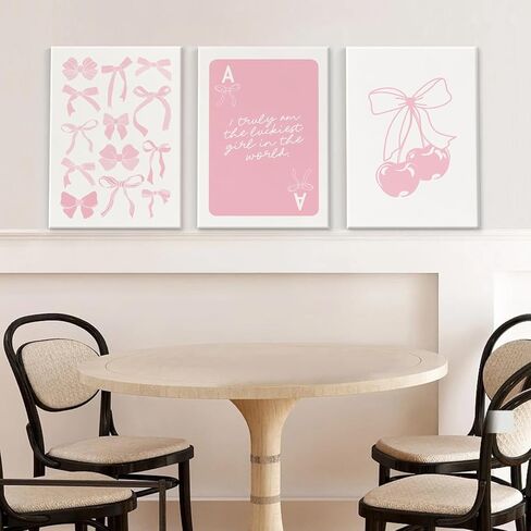 Coquette Wall Decor Pink Bow Wall Art Girl Room Canvas Posters Preppy Aesthetic Wall Decor Pictures Trendy Pink Wall Art Coquette Cherry Print for Girly Room Bedroom 16x24 Inch Unframed Set of 3 in Saudi Arabia