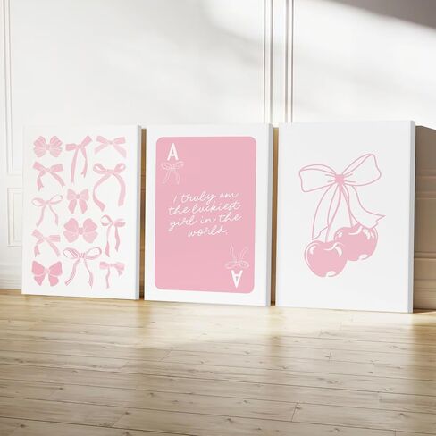 Coquette Wall Decor Pink Bow Wall Art Girl Room Canvas Posters Preppy Aesthetic Wall Decor Pictures Trendy Pink Wall Art Coquette Cherry Print for Girly Room Bedroom 16x24 Inch Unframed Set of 3 in Saudi Arabia