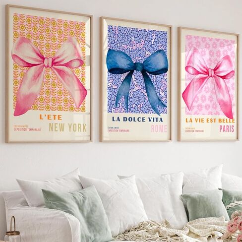 Coquette Wall Decor Pink Bow Wall Art Girl Room Canvas Posters Preppy Aesthetic Wall Decor Pictures Trendy Pink Wall Art Coquette Cherry Print for Girly Room Bedroom 16x24 Inch Unframed Set of 3 in Saudi Arabia
