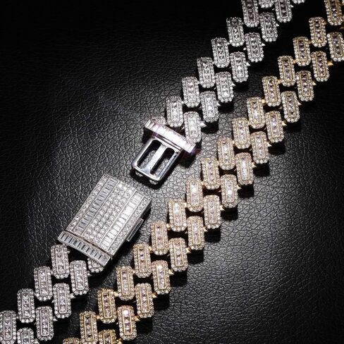 JINAO 20MM 6 Times 14k Gold Plated Cuban Link Chain Full Iced Out Bling Round Baguette Cut Cubic Zirconia with Prong Setting Simulated Diamond Chain Choker Necklace for Men Women in Saudi Arabia