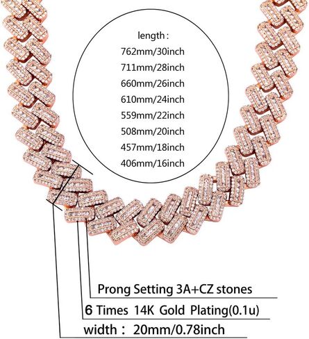 JINAO 20MM 6 Times 14k Gold Plated Cuban Link Chain Full Iced Out Bling Round Baguette Cut Cubic Zirconia with Prong Setting Simulated Diamond Chain Choker Necklace for Men Women in Saudi Arabia