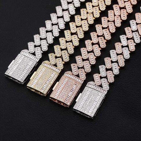 JINAO 20MM 6 Times 14k Gold Plated Cuban Link Chain Full Iced Out Bling Round Baguette Cut Cubic Zirconia with Prong Setting Simulated Diamond Chain Choker Necklace for Men Women in Saudi Arabia