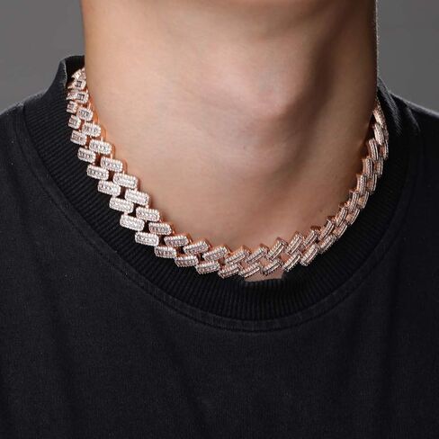 JINAO 20MM 6 Times 14k Gold Plated Cuban Link Chain Full Iced Out Bling Round Baguette Cut Cubic Zirconia with Prong Setting Simulated Diamond Chain Choker Necklace for Men Women in Saudi Arabia