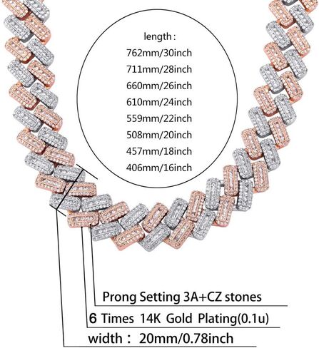 JINAO 20MM 6 Times 14k Gold Plated Cuban Link Chain Full Iced Out Bling Round Baguette Cut Cubic Zirconia with Prong Setting Simulated Diamond Chain Choker Necklace for Men Women in Saudi Arabia