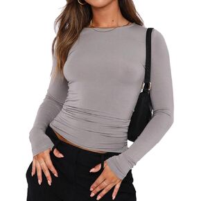Women's Casual Basic Crop Tops Slim Fit Long Sleeve Crew Neck Solid Color Fall Pullover Shirts Tight Tee