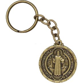 St. Benedict Medal Keychain | Gold-Tone Metal with Antique Finish | Patron Saint of Students | Great Catholic Gift for First Communion, Confirmation, Seminary, and Ordination