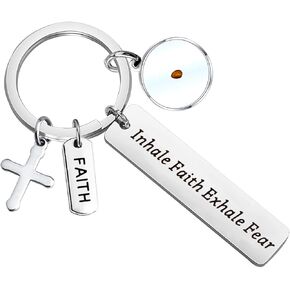 HOLLP Faith Religious Jewelry Mustard Seed Gift Inhale Faith Exhale Fear Keychain with Cross Charm