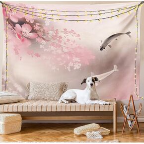 Lunarable Koi Fish Tapestry, Sakura Blossom in Japan with Creature Culture Nature Orient, Wide Wall Hanging for Bedroom Living Room Dorm, 80" X 60", Pink