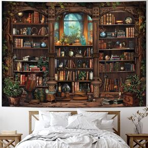 Leofanger Vintage Bookshelf Tapestry Medieval Art Book Tapestry Plant Floral Wall Tapestry Retro Library Backdrop Tapestry Wall Hanging for Home Decor(59.1"x78.7")