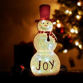 Joy Mercury Glass Snowman with Red hat 13 Inches Christmas Tabletop Figurine, Multicolor Glitter Accents, Built in 6 Hour Timer, Fairy Lights, Party Mantel Party Home Decoration