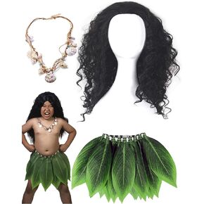 Kids Polynesi Heroes Costume Boys Hawaii Gods Wig Leaf Hula Skirt Tutu Shell Necklace for Halloween Cosplay 3-12Years