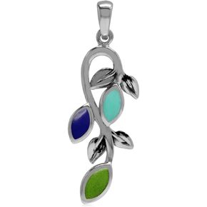 Silvershake Created Green Gaspeite Lapis and Turquoise 925 Sterling Silver Leaf Vintage Inspired Pendant