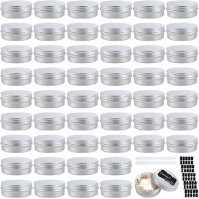 60PCS Metal Round Tins, 2 oz Aluminum Tin Cans Containers with Screw Lid for Lotion Bars, Balms, Salve, Spices or Beard Balm, DIY Candle Making Jar