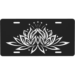 Lotus White Blooming Flower License Plate Covers Decorative Metal Car Front License Plate Vanity Tag for Women Men, 6x12 Inch (with 4 Pre-Drill Hole)