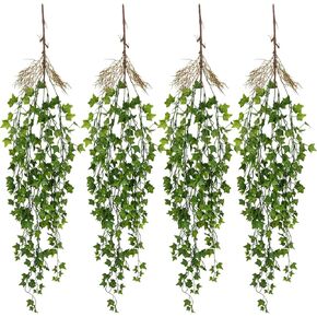 RECUTMS 4pcs Artificial Hanging Greenery for Outdoors with LED Lamps Strings Long Fake Plant Vine Small Faux Hanging Plants Indoor Leaves Plastic Plants Living Room Farmhouse (Dark Yellow)