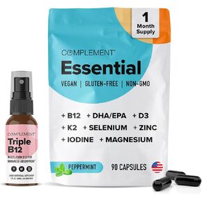 Complement 2 Month Supply Vegan Multivitamins for Women & Men (180 Capsules) Omega 3 DHA+EPA, Vitamin B12, Vitamin D3 K2, Zinc, Selenium, Magnesium, Iodine Supplement- Made in USA, 60 Servings