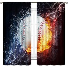 Cinbloo Baseball Curtains Sports Theme for Men 42W x 63L Inch Rod Pocket Ball in Fire Water Flame Lightening Boys Kids Bedroom Decor Art Printed Living Room Window Drapes Treatment Fabric 2 Panels