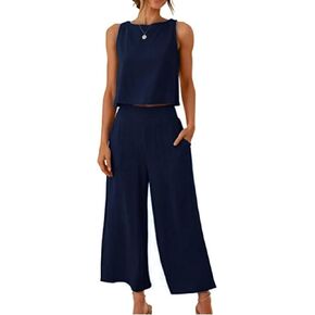 Womens Cotton Linen 2 Piece Outfits Crop Tank Tops Wide Leg Pants Set Casual Lounge Sets