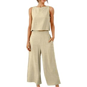 Womens Cotton Linen 2 Piece Outfits Crop Tank Tops Wide Leg Pants Set Casual Lounge Sets in Kuwait