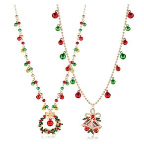 Christmas Necklace for Women Christmas Bell Wreath Pendant Necklace Long Jingle Bell Chain Xmas Festive Necklace 2 Pieces