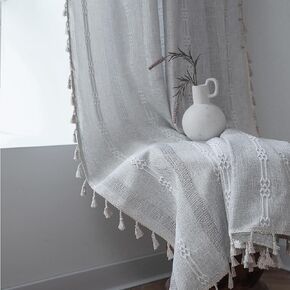 Dark Gray Semi Blackout Curtains Drapes Grey Linen Living Room Curtains 84 Inches Long 2 Panel Set,Rod Pocket White Embroidered Striped Tassel Window Curtain Panels Boho Curtains for Bedroom