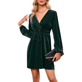 KOJOOIN Women's Velvet Dress Wrap V Neck Pleated Waist Long Sleeve Casual Party Skater Dresses Dark Green L