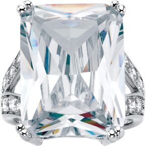 PalmBeach Platinum-Plated Emerald Cut Cubic Zirconia Split Shank Bridge Engagement Ring Sizes 6-10