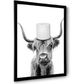 Foduuo Framed Funny Bathroom Wall Art Decor, Black and White Highland Cow Wall Art, Humor Animals Bathroom Artwork Prints, 8''x10'' Cute Highland Cow Canvas Print, Bedroom, Kids Bathroom Decor