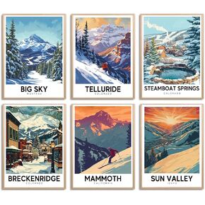 ENGOJHTQ Ski Poster Apres Ski Snowy Mountain Posters Vintage Ski Canvas Wall Art For Modern Family Decor (8×12 inch,Set of 6, Unframed)