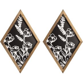 flangairy Floral Wall Decor Wooden Botanical Wall Art Framed Boho Wood Geometric Diamond Black White Bedroom Bathroom Room Home Decorations