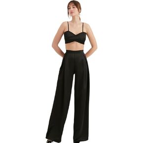 Women's Satin Pant | Casual Wide Leg High Waist Flowy Pleated Pants | Women Trousers Clothing