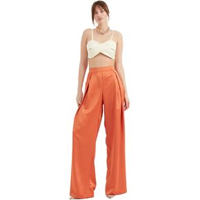 Women's Satin Pant | Casual Wide Leg High Waist Flowy Pleated Pants | Women Trousers Clothing