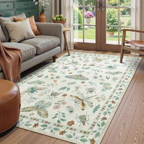 Beeiva Insect Print Rugs for Bedroom, 6x9 Area Rugs for Living Room Non Slip Washable Rugs, Boho Large Rug Carpet for Kids Room Dining Room Office Nursery- Green