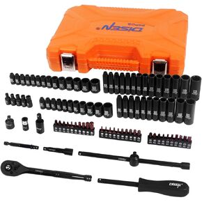 DISEN 1/4 inch Drive Impact Socket Set 94 Piece,Standard SAE(5/32-9/16 inch) Metric Size(4-15mm),72T Ratchet Wrench Handle,CR-V Mechanics Tool Set with Adapter,Screwdriver Bits for Automotive Repair