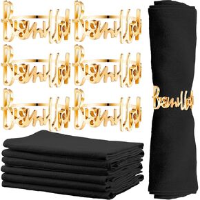 6 Set Eid Gold Napkin Rings and Cotton Napkins Bismillah Letter Metal Napkin Buckles Eid Dinner Cloth Napkins Muslim Table Decoration for Ramadan Party Islamic Holiday Wedding(Dark Blue)