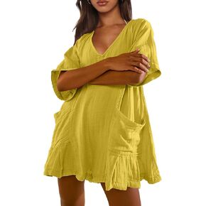 Womens Oversized Summer Tee Romper V Neck Half Sleeve Onesie Romper Beachwear Overalls With Pockets