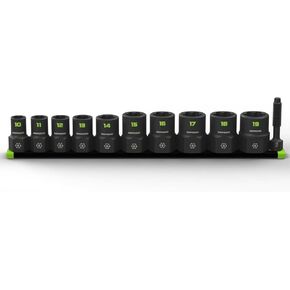 GRIPEDGE Tools | 10-PC – 3/8'' Drive Metric RPT Socket Extractor Set | Sizes 10 – 19 MM | Removes Broken Studs, Stripped Bolts and Lug Nuts | Includes Premium Aluminum Socket Rail|